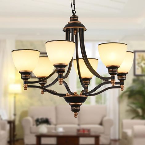 1 Lustre Vintage 6 Lumières Suspension Métal Noir Verre Dépoli Hauteur Réglable Pour Salle À Manger Cuisine (1/5)