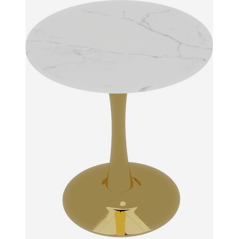 Table basse dorée de 27.6-inch, table de salle à manger de style moderne du milieu du siècle, pour 2 à 4 personnes, avec plateau rond en marbre à finition veinée blanche, idéale pour divers espaces. (1/5)