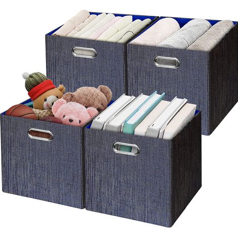 Lot de 4 paniers de rangement pliables pour étagère, armoire, bibliothèque, tiroir en tissu épais et robuste (33 x 33 cm, bleu) (1/5)
