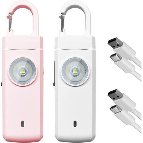 Lot de 2 alarmes personnelles de poche 130 dB avec flash LED, rechargeables, anti-agression, porte-clés pour femmes, enfants et personnes âgées – Blanc et rose (1/5)