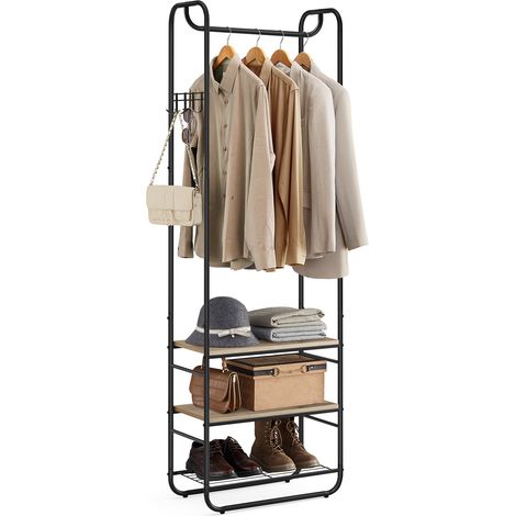 Portemanteau, Vestiaire, avec Étagère à Chaussures à 3 Niveaux, pour Entrée, Chambre, 58 x 28 x 181 cm, Style Scandinave, Noir d'Encre et Marron Camel (1/5)