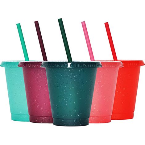 Gobelet En Plastique Avec Paille Et Couvercle - 5 Pièces - Rouge Vert Foncé Bordeaux Vert Clair Rose Clair (1/5)
