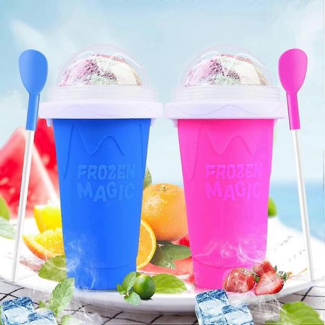 Lot de 2 gobelets à granité à faire soi-même avec couvercle et paille, bleus et roses, pour glaces, jus, lait, yaourts