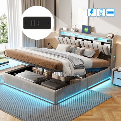 Lit coffre 160x200 cm avec USB et Type-C, Lit double 160x200 cm avec LED et sommier à lattes, Tête de lit avec rangement, Velours Gris (1/5)