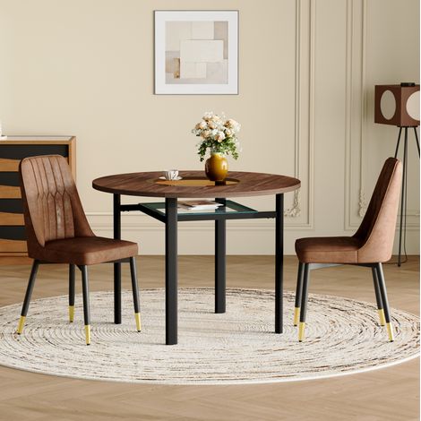 Runder Esstisch Ø 100 cm mit 2 braunen Stühlen, MDF, schwarzem Metall und Glas (1/5)