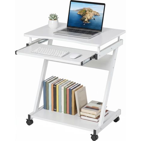 HOMCOM mesa de ordenador con ruedas, 60x48 cm, con bandeja deslizante para teclado y estante inferior, marco metálico en forma de Z, blanco