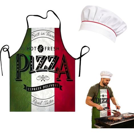 Tablier Cuisine Homme et toque de chef, Tablier Cuisine Drole pour Cuisinier Amateur, Tablier Humoristique Pizza Italien Style, Tablier Special Barbecue et Cuisine (1/5)