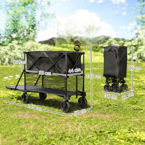 Chariot jardin double étage charge 200kg, bâche amovible 369,5L chariot transport robuste noir (1/3)