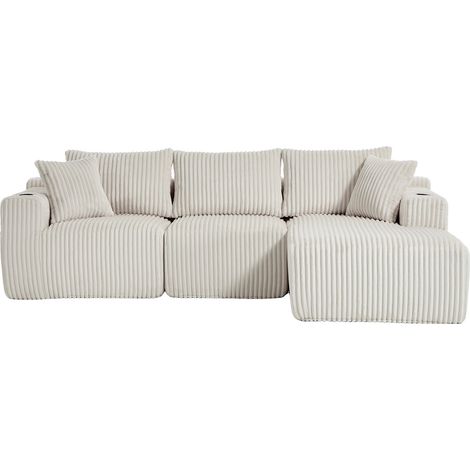 Divano modulare con chaise longue e 2 posti in velluto a coste beige (1/5)