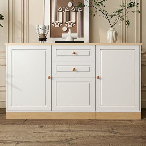 Credenza in truciolare bianco e effetto legno, 3 ante, 2 cassetti, ripiani regolabili, 135,5 cm (1/5)
