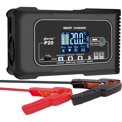 Intelligentes 20A-Batterieladegerät, Lithium, LiFePO4, Blei-Säure (AGM/Gel/SLA). Autobatterieladegerät, Erhaltungsladegerät, Deep-Cycle-/Erhaltungsladegerät, 12V/20A und 24V/10A, für Boote, Motorräder (1/5)
