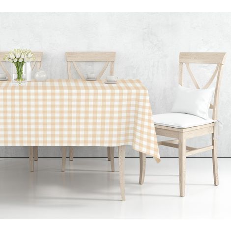 Tovaglia Plastificata Antimacchia Resinata Made In Italy Quadri Crema - 6 Posti 120x160