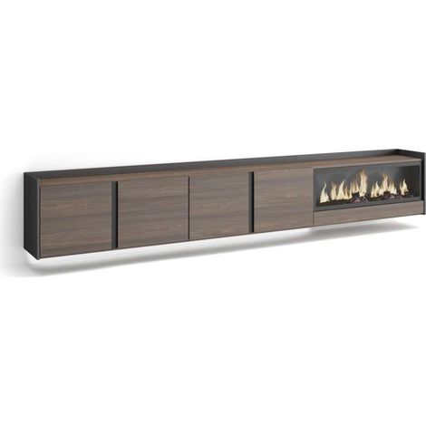 Mueble TV Alozaina-02 de 315x50x35 cm con chimenea y luces LED, suspendido, color roble oscuro y negro (1/4)