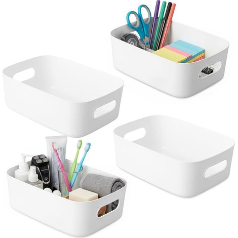 Lot de 4 paniers de rangement plastique blanc, 20x14x7 cm, avec poignées, cuisine et salle de bains (1/4)