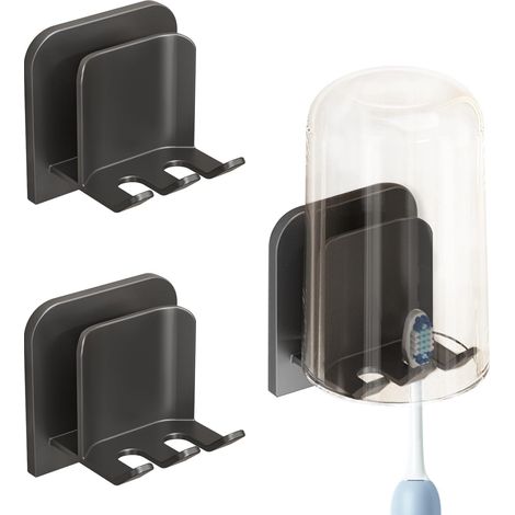 Juego de 3 soportes de aluminio negro para cepillos de dientes eléctricos, no requiere perforación, con portavasos integrado. (1/5)