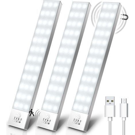 Luce per armadio, confezione da 3, 5000K, luce LED wireless USB per armadio, sensore di movimento, lampada LED ricaricabile, magnete integrato, luce notturna per guardaroba, scale, cucina, corridoio,  (1/5)