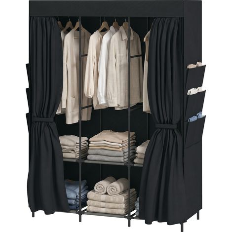 Armoire gain de place en tissu avec 3 tringles, 3 étagères, 6 poches latérales, portes anti-poussière zippées, noire (1/5)