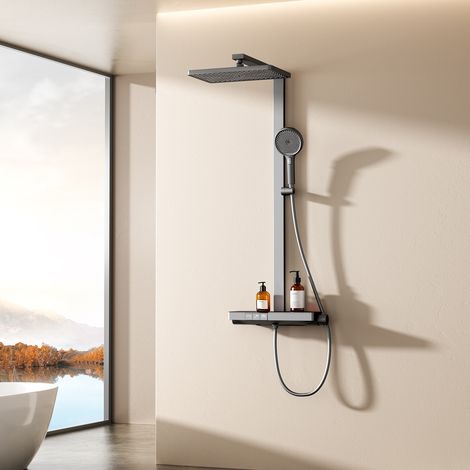EMKE Colonne de douche thermostatique, Douche à effet pluie 36 x 24 cm avec robinetterie, Système de douche avec tablette en verre de 40 cm et douchette à main (4 types de jet), Anthracite mat (1/5)