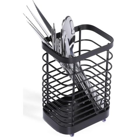 Panier à couverts en acier inoxydable - Porte-ustensiles de cuisine - Métal - Inox - Petit panier à couverts pour ranger tiroirs et plans de travail - 10 x 7,5 x 15 cm (L x l x H) - Noir (1/5)