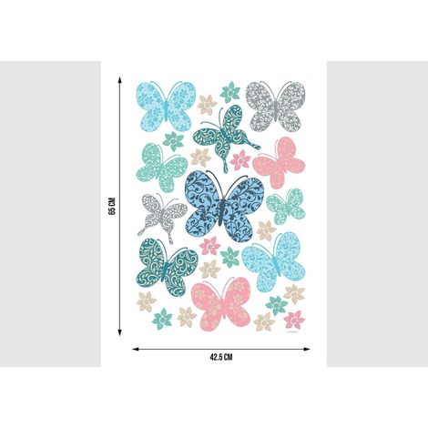 Stickers papillons multicolores arabesques et fleurs - 1 planche 42,5 x 65 cm (1/5)