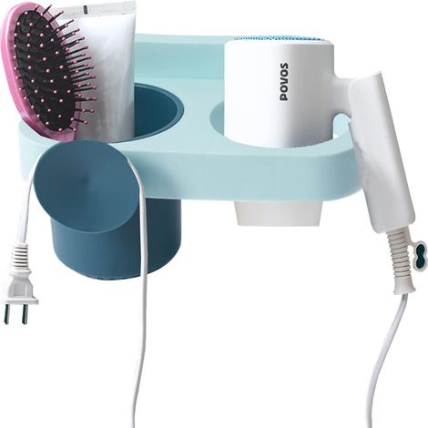 Support pour sèche-cheveux avec enrouleur de câble, support mural sans perçage pour sèche-cheveux avec rangement intégré. (1/5)