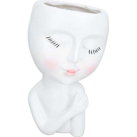 Maceta de resina de alta densidad con la imagen de una niña con los ojos cerrados y orificio de drenaje. Maceta versátil para oficina, jardín y hogar, color blanco. (1/5)