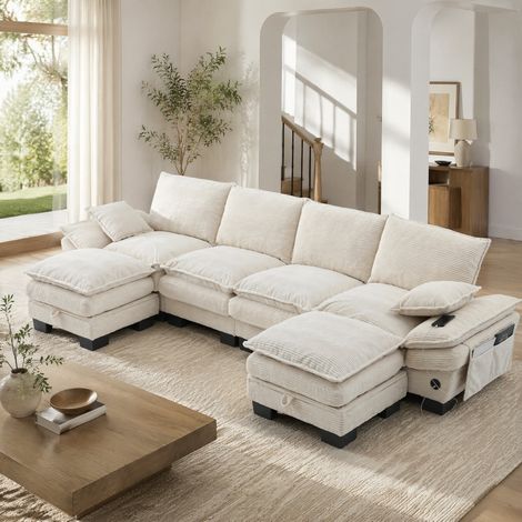 Divano modulare 4 posti in corduroy beige con 2 pouf, USB-C e tasche laterali (1/5)