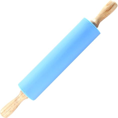 Mattarello da cucina con manico grande in legno e inserti in silicone, antiaderente e girevole (blu).