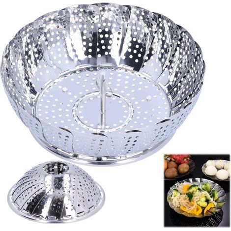 Panier à Vapeur Légumes, Panier Vapeur Casserole Panier Vapeur INOX Cuiseur à Vapeur Pliable Acier avec Crochet Central Réglable Vegetable Steamer Accessoire pour Autocuiseur(Small)