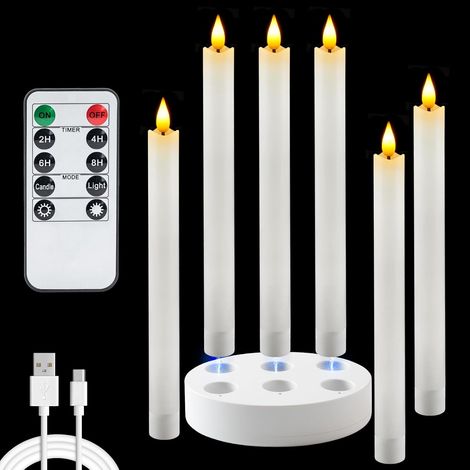 Rechargeable Flameless Taper Candles, Real Waxy LED Candlesticks Flickering, Battery Operated Candles with Remote Timer, 9.6 Inches for Home Wedding Christmas Decor, 6 Pcs, White (1/5)