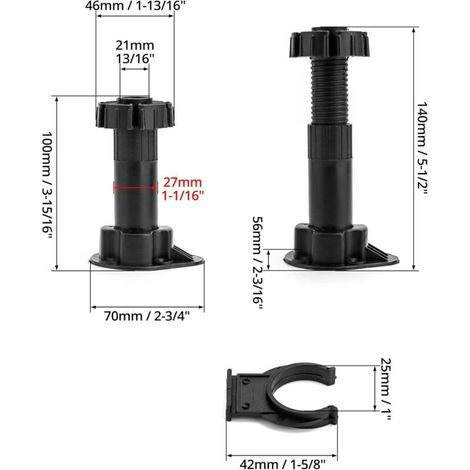 Lot de 20 Rond Pieds de Meuble en Acrylonitrile butadiène styrène (ABS) Plastique, Pieds Meuble Cuisine, avec 10 Support d'attache, Plage étendue : 100-120 mm. Noir (1/3)