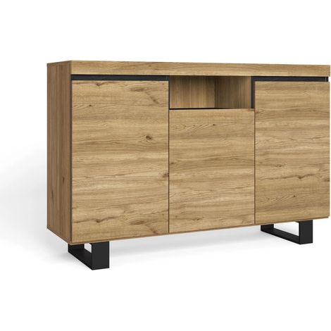Skraut Home – Buffet nordique 140x40x92cm en mélamine chêne/noir – 3 portes, 1 compartiment – Rangement design pour salon et salle à manger