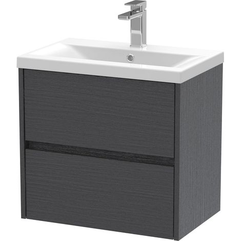 Square Wall Hung 2 Drawer Vanity Unit & Ceramic Basin, 600mm - Woodgrain Graphite Grey