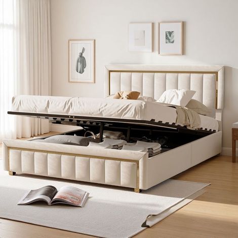 Lit adulte 2 places - Lit coffre 140x190 cm - Velours beige - Tête de lit à rayures - Sommier inclus (1/5)