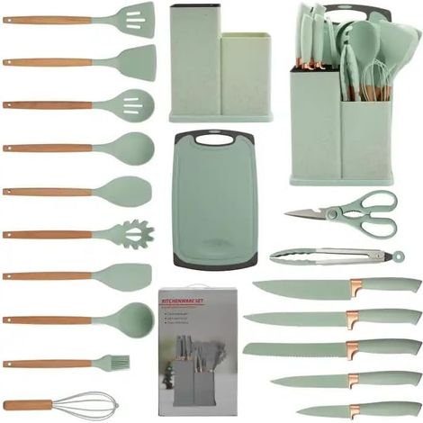 Silikon-Küchenhelfer-Set – 19-teilig, inklusive 5 vielseitiger Messer, Schere, Zange, Schneidebrett und 10 antihaftbeschichteten Zubehörteilen (Hellgrün) – GESCHENK ZUM MUTTERTAG (1/5)