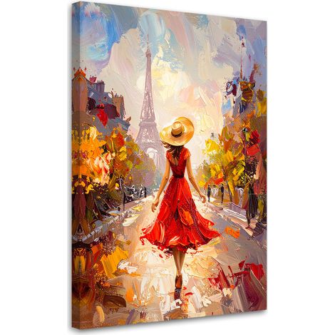 Impression sur Toile, Femme en robe rouge et chapeau avec la Tour Eiffel en arrière-plan,60x90 (1/4)