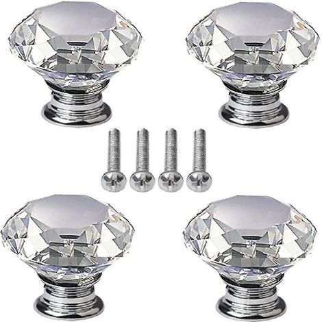 Ensemble de 4 boutons en cristal Xceedez, poignées de porte de tiroir/meuble en cristal de 40 mm, style diamant, avec vis, pour la maison, la cuisine, le bureau et la commode. (1/3)
