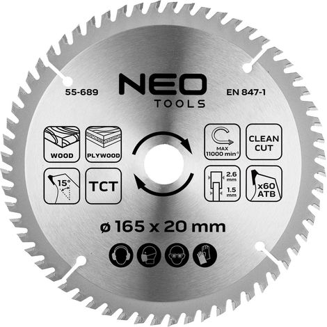 Lama per sega a immersione, in metallo duro, 165 x 1,5 x 2,6 x 20 mm, 60 denti