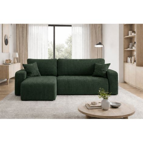 Divano angolare reversibile PIANIOO L trasformabile – Velluto a coste verde bottiglia, funzione letto, ampio vano contenitore, angolo universale sinistro/destro