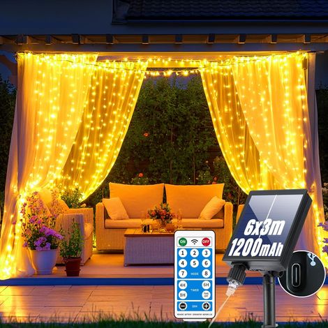 Rideau Lumineux Solaire, 6x3M 600 LED Lumineuse Solaire avec Télécommande Minuterie et Mémoire, 8 Modes Rideau Lumineux Intérieur Extérieur pour Jardin Balcon Tonnelle Noël Mariage Fête Déco (1/5)