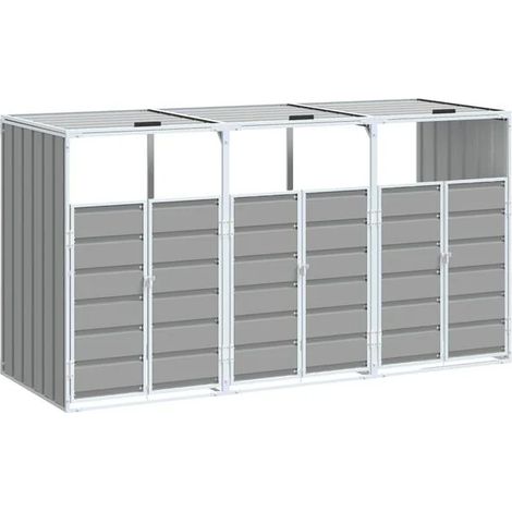 Unité de rangement pour poubelles à roulettes pouvant contenir trois poubelles en acier gris (1/5)