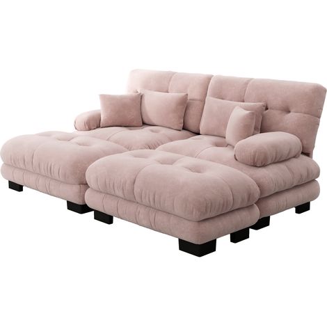 Sofá modular de chenilla rosa con 2 cojines, 2 otomanas y reposabrazos anchos HOMVRA (1/5)