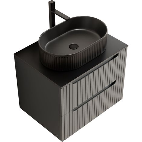 Mobile Bagno Sospeso 60x46x62.2 cm, con Lavabo a Ovale Nero e Piano Sinterizzato, 2 cassetti, Ceramica e Pietra Nera