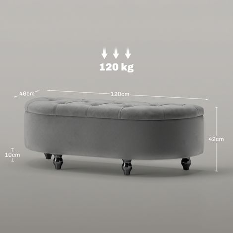 Pouf de rangement capitonné, couvercle à fermeture douce, aspect velours, 120 x 46 x 42 cm, gris foncé (1/5)