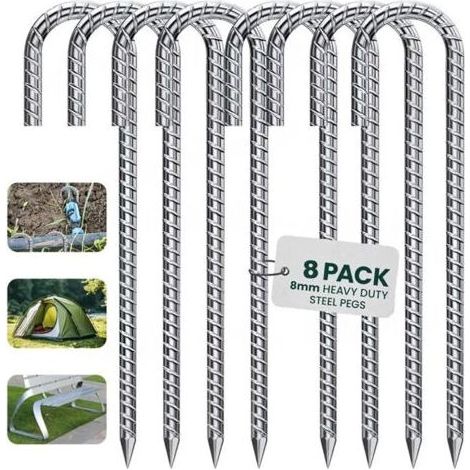 Lot de 8 Sardines de Fixation Résistants - 30 cm Ancrages au Sol en Acier Galvanisé - avec Crochet en J pour Tente, Trampoline
