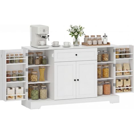 Credenza da cucina, mobile contenitore con cassetto, 4 ante con chiusura ammortizzata, ripiani e guide regolabili, colore bianco.