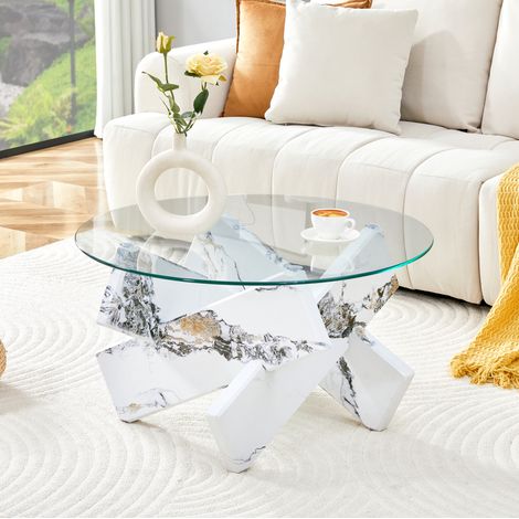 Table basse ronde 79 cm transparente et blanche en MDF et verre trempé avec base croisée (1/5)