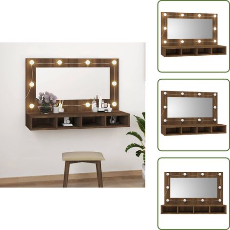 The Living Store Mueble con espejo y LED marrón roble 90x31,5x62 cm - Armario con luz LED
