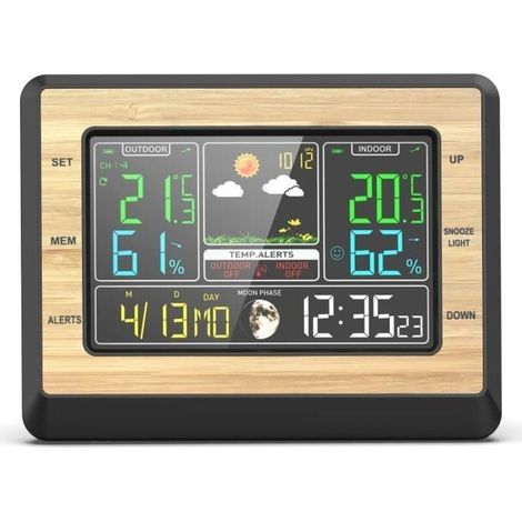Wireless weather forecast clock, color screen display with temperature and humidity sensor, wood grain (1/4)