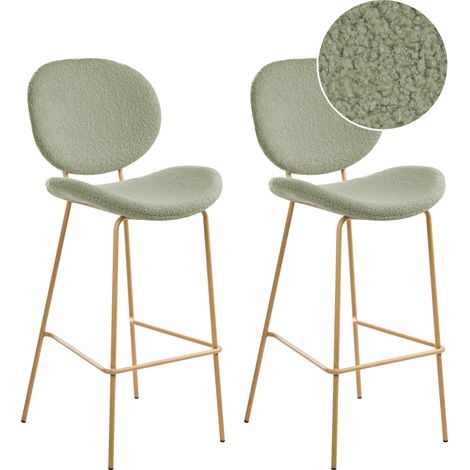 Conjunto de 2 sillas de bar bouclé patas hierro imitación madera tapas sin reposabrazos diseño retro asientos comedor verde claro Luana